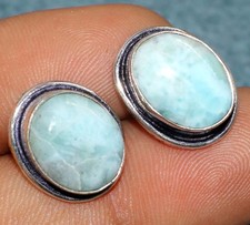 925 Silver Plated Stud Larimar Earrings 0.6" Superb Jewelry Most Beautiful GW