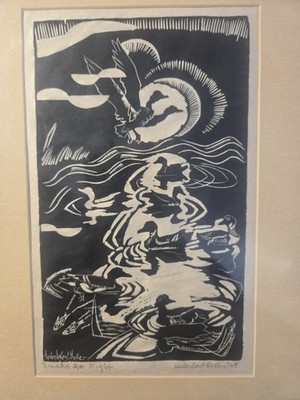 Helen West Heller  (1872-1955) This woodcut print ''Ducks at Night'' paper signed