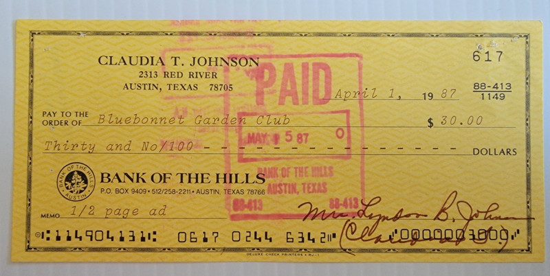 Ladybird Johnson Signed Personal Check Autograph First Lady President Lyndon