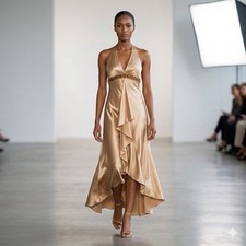 De Laru Dress 3/4 Halter Beaded Satin Babydoll Asym Hoco Prom Formal Y2K