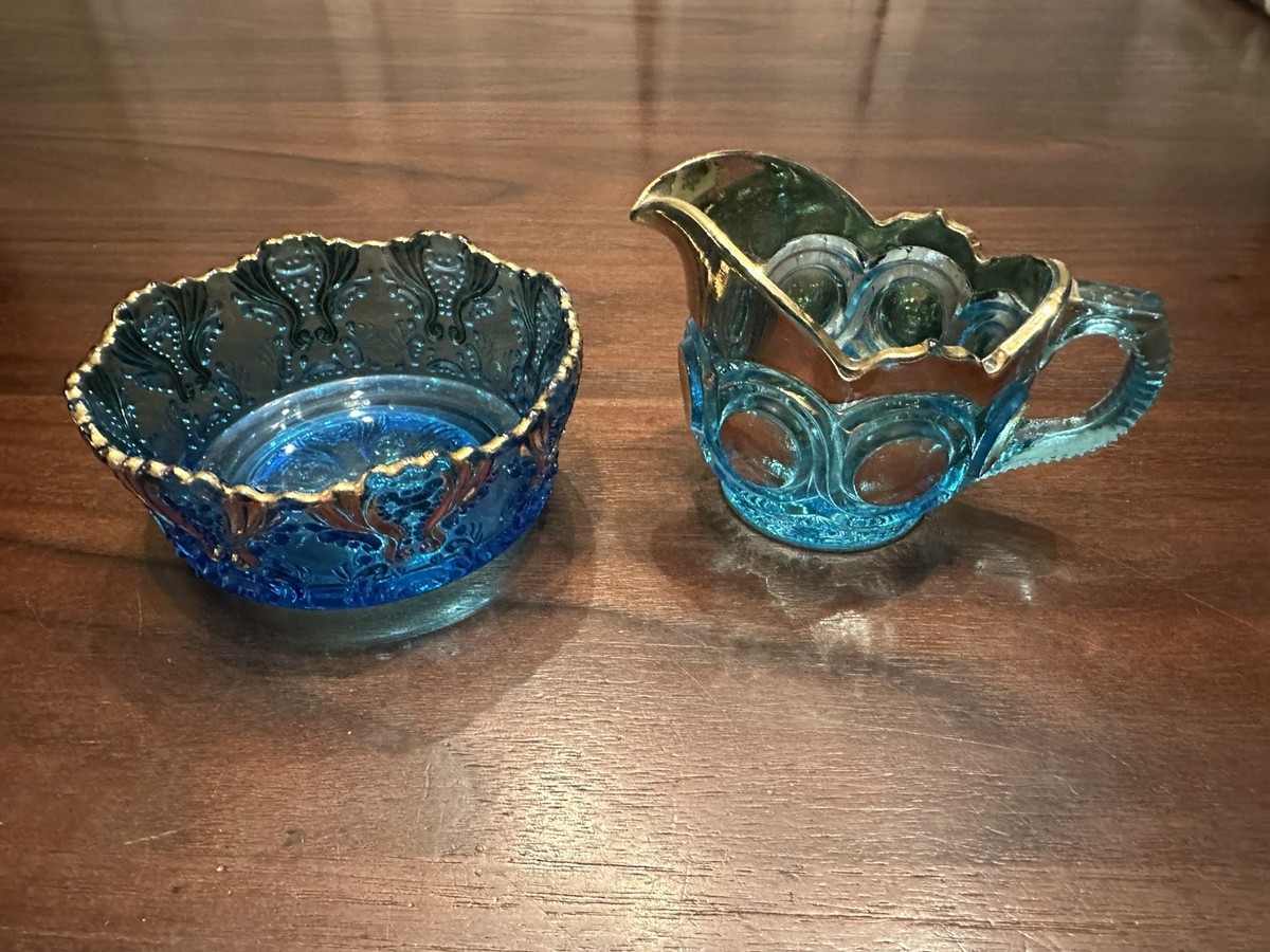 Vintage Jefferson Glass IDYLL Blue with Gold Sugar and Creamer | eBay