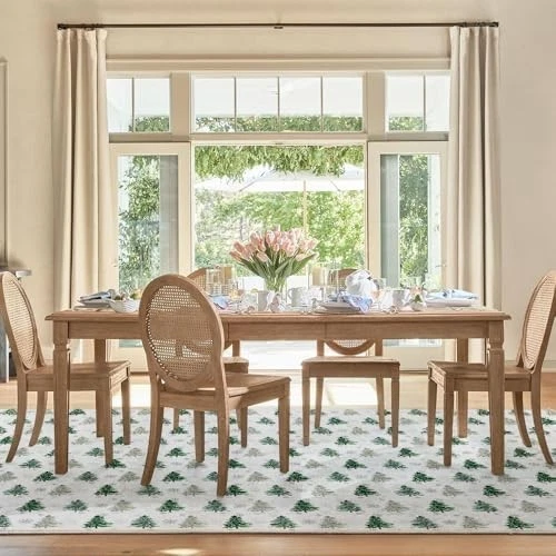 白色绿色手工塔夫特地毯 5x8 现代松树图案柔软地毯生活 — 第 2/4 张图片