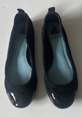 Lanvin Navy Blue Suede & Black Patent Cap Toe Ballerina Flat sz 37
