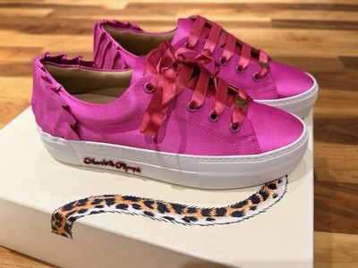 Charlotte Olympia Hot Pink Satin Ruffle Trim Sneakers Size 6  36