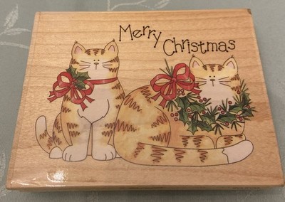 STAMPS HAPPEN MERRY CHRISTMAS CATS # 80133  WOOD Rubber Stamp 4X3