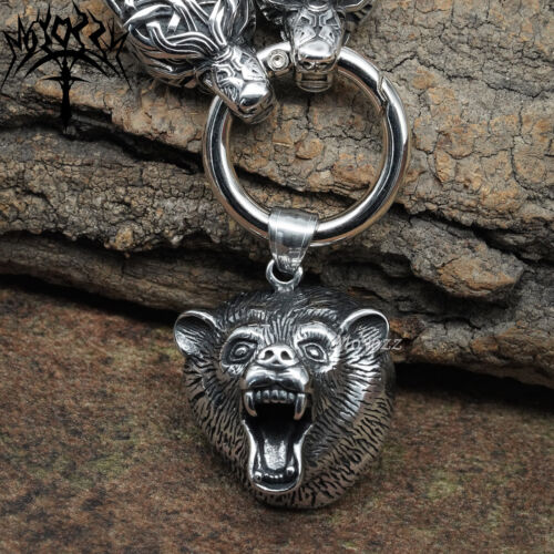 Mens Stainless Steel Heavy Wolf Viking Grizzly Bear Head Hammer Pendant Necklace - Picture 4 of 6