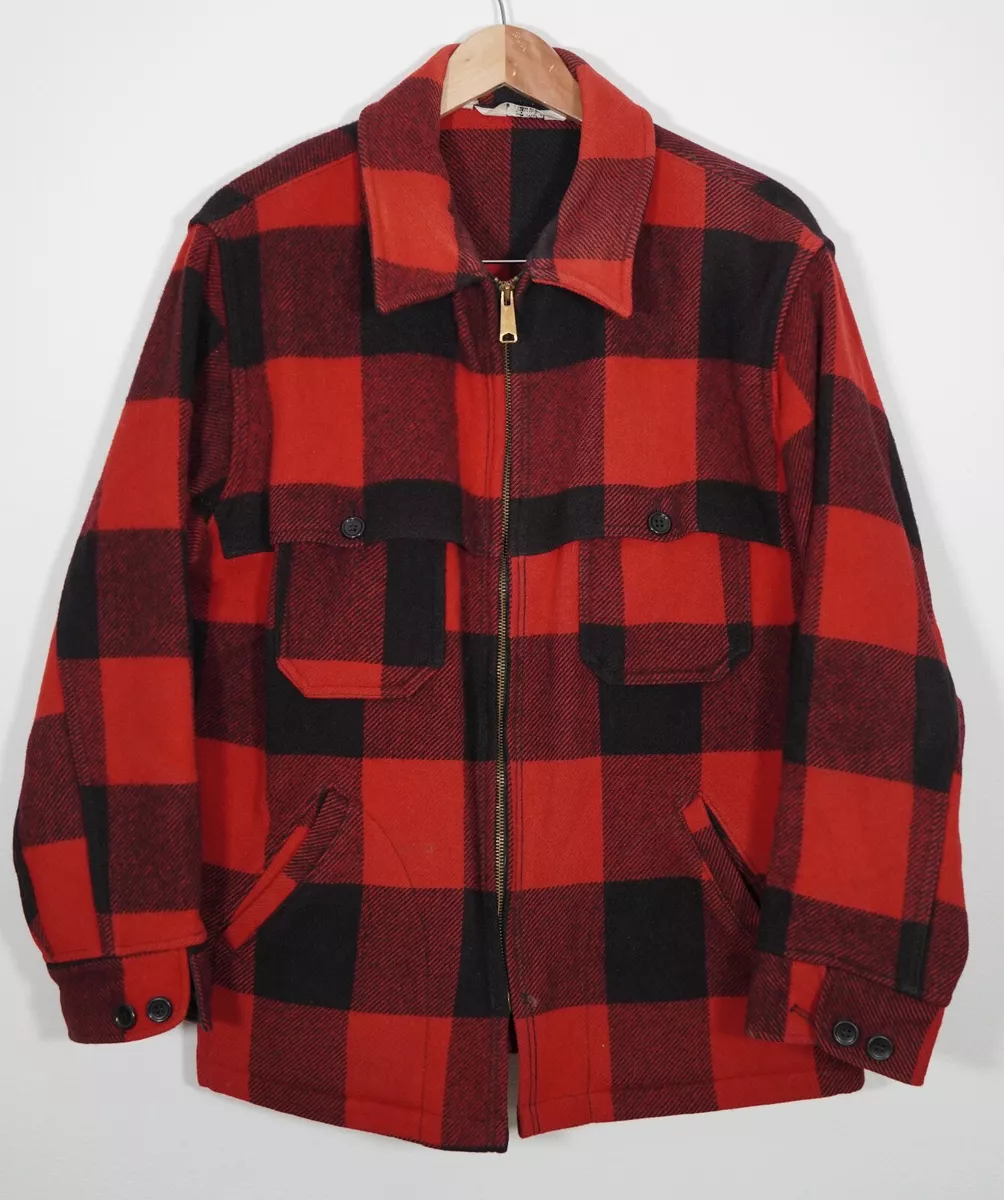 Vintage WOOLRICH Buffalo Plaid 114 Mackinaw Red Black Wool Zip Jacket XL USA