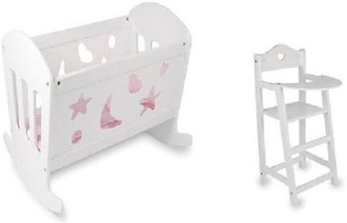 SET OF Dolls White Varnished Rocking Wooden Cradle Cot Bed and Matching High - Picture 2 of 6