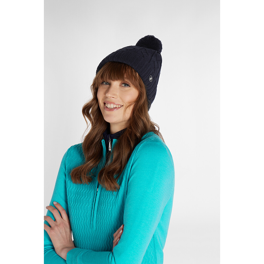 Green Lamb Ladies Fleece Lined Cable Knit Bobble Hat in Navy Blue