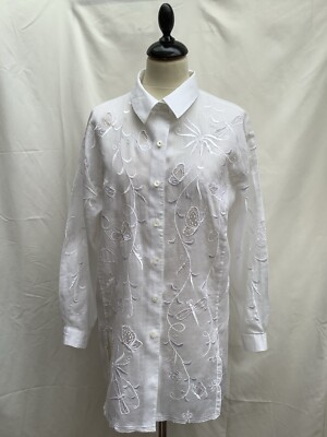 VINTAGE LINEA SANREMO MILANO ELFENBEIN WEISS LEINEN BESTICKT SHIRT TUNIKA M-L