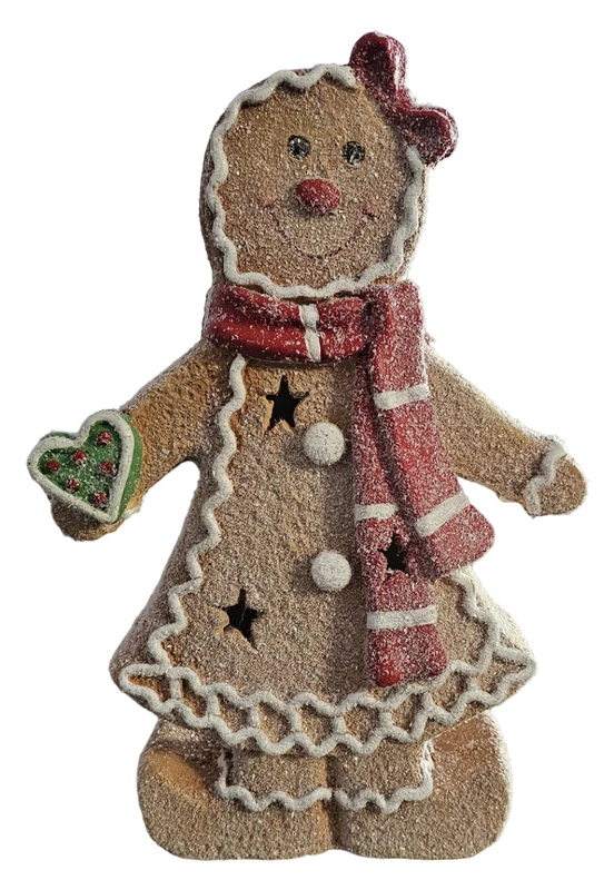Omino Biscottino Femmina Statua Decorazione Natalizia 42 cm Addobbo LED, fotografia 3 di 7