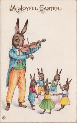Easter Anthropomorphic Rabbit Playing Fiddle Violin Children Dancing c. 1910