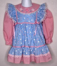 Vintage Young Hearts Dress 3T Girls Floral Gingham Ruffle Pinafore Pink Blue