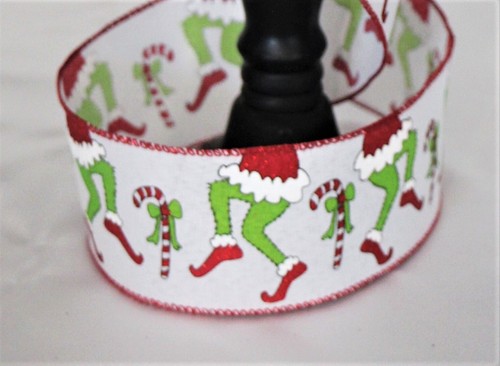 Grinch Ribbon, Christmas Green Monster Legs, 2.5” x 5 yd Wired Glitter Candy - Picture 4 of 4