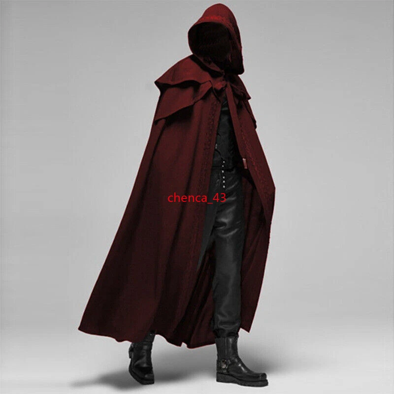Mens Renaissance Gothic Cape Long Coat Hooded Vintage Cloak Cosplay Medieval 1PC - Image 4 of 4