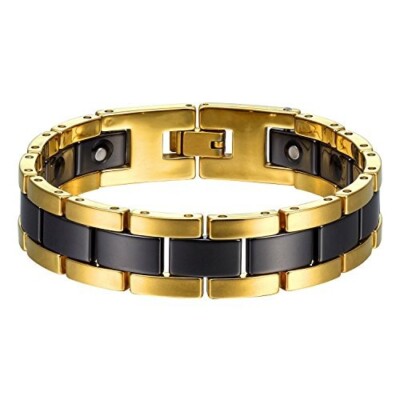 8.25'' Mens Gold & Black Bracelet Two-Tone Tungsten Ceramic & Magnets + Fancy Box