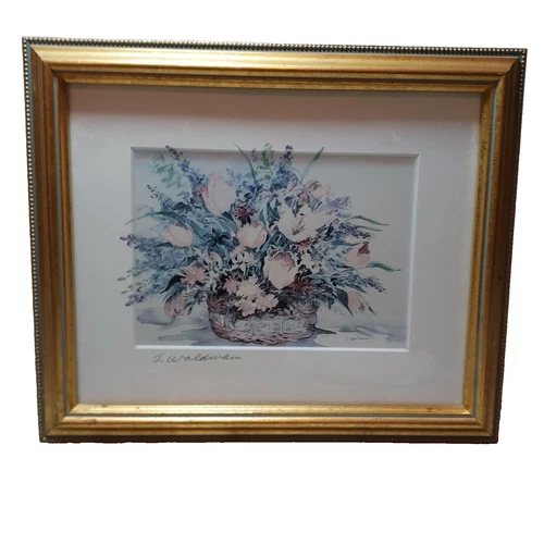 J. Waldman Lithograph Print Floral Basket Bouquet Blue Pink White Signed
