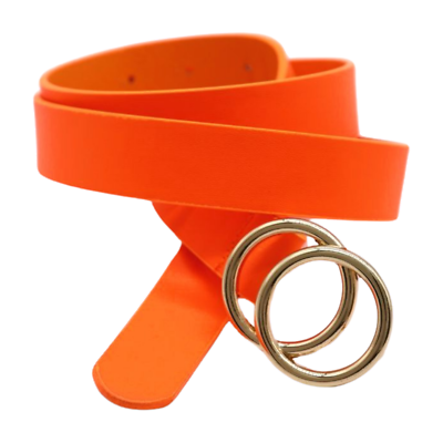 Women Neon Orange Faux Leather Waistband Belt Gold Metal Circles