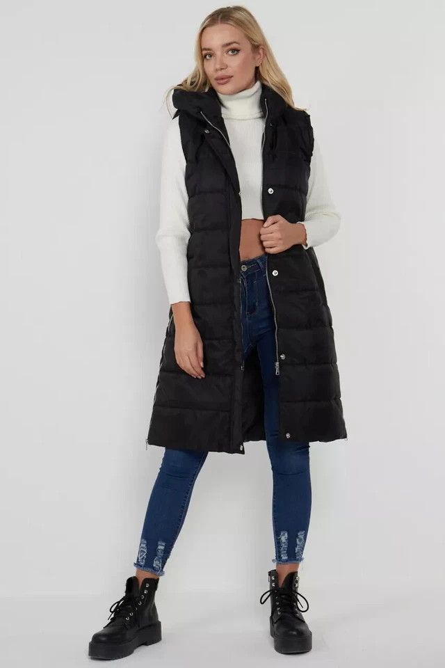 WOMENS BLACK LONG LINE HOODED PUFFER GILET JACKET LADIES PADDED BODY WARMER UK - Image 2 of 4