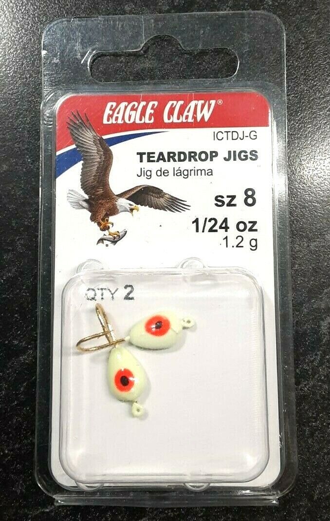 2x 1/24oz Size 8 GLOW Tear Drop Ice Fishing Jig Eagle Claw Walleye Crappie Perch