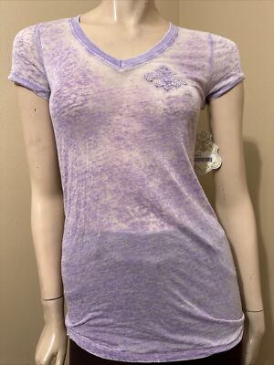 Women s Lilac Cotton Casual Summer Sheer Stretch Slim Patches Size S Blouse Top