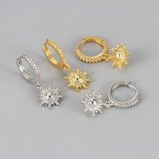 925 Sterling Silver CZ Small Huggie Hoop Drop Dangle Sun Earrings Gift Box A28