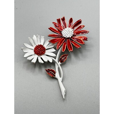 Signed ART Arthur Pepper Daisy Flowers Pin Red White Enameled 70s Flower Power