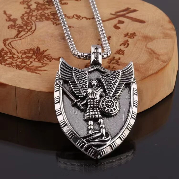 Mens Archangel St Michael Pendant Necklace Religious Christian