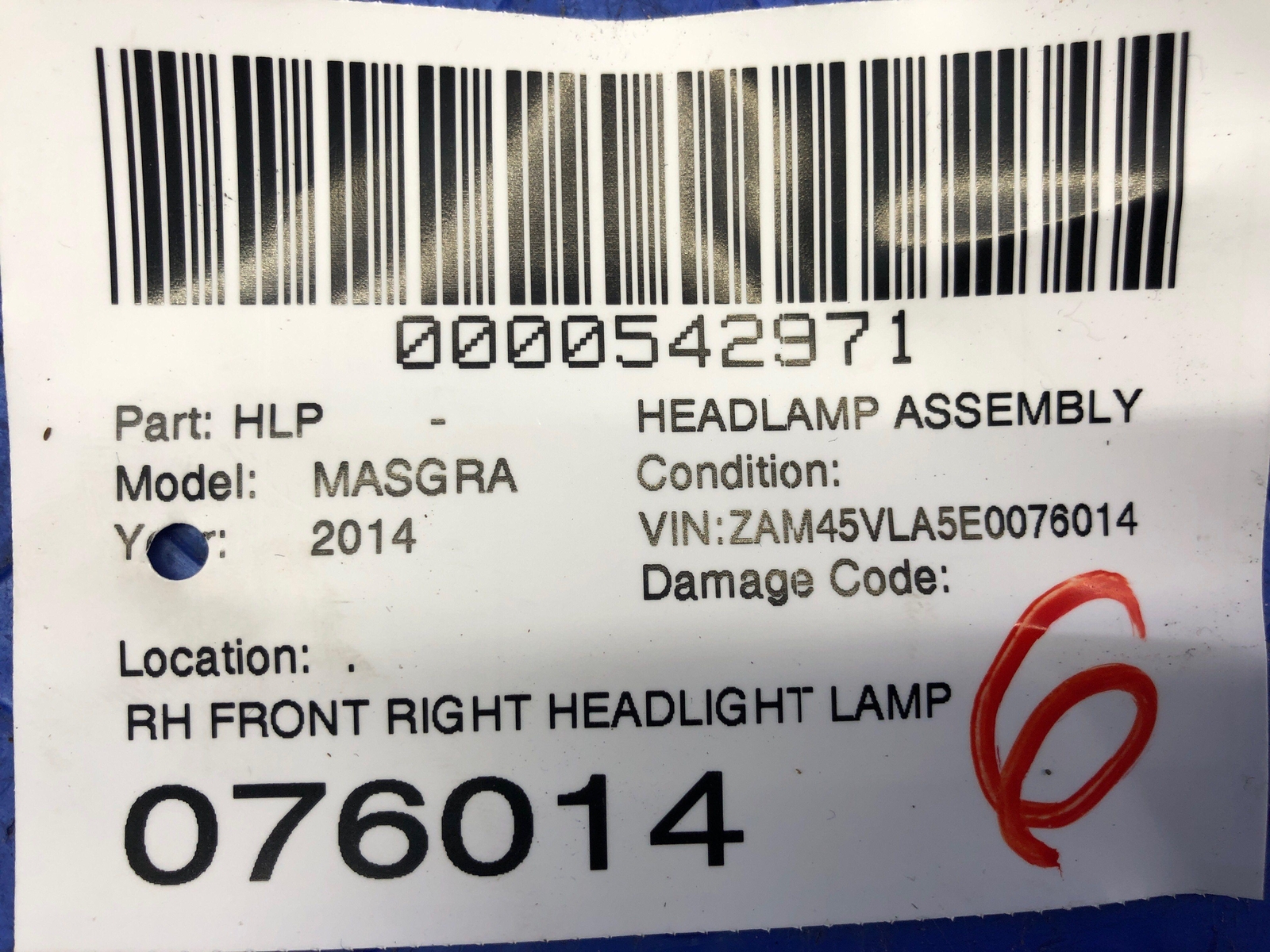 2013-2018 MASERATI GRANTURISMO FRONT RIGHT HEADLIGHT HEAD ASSEMBLY *DAMAGED TAB*