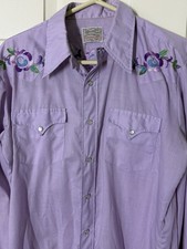 Vintage 70's H Bar C Ranchwear Shirt Western Pearl Snap Purple Floral XL Cowboy
