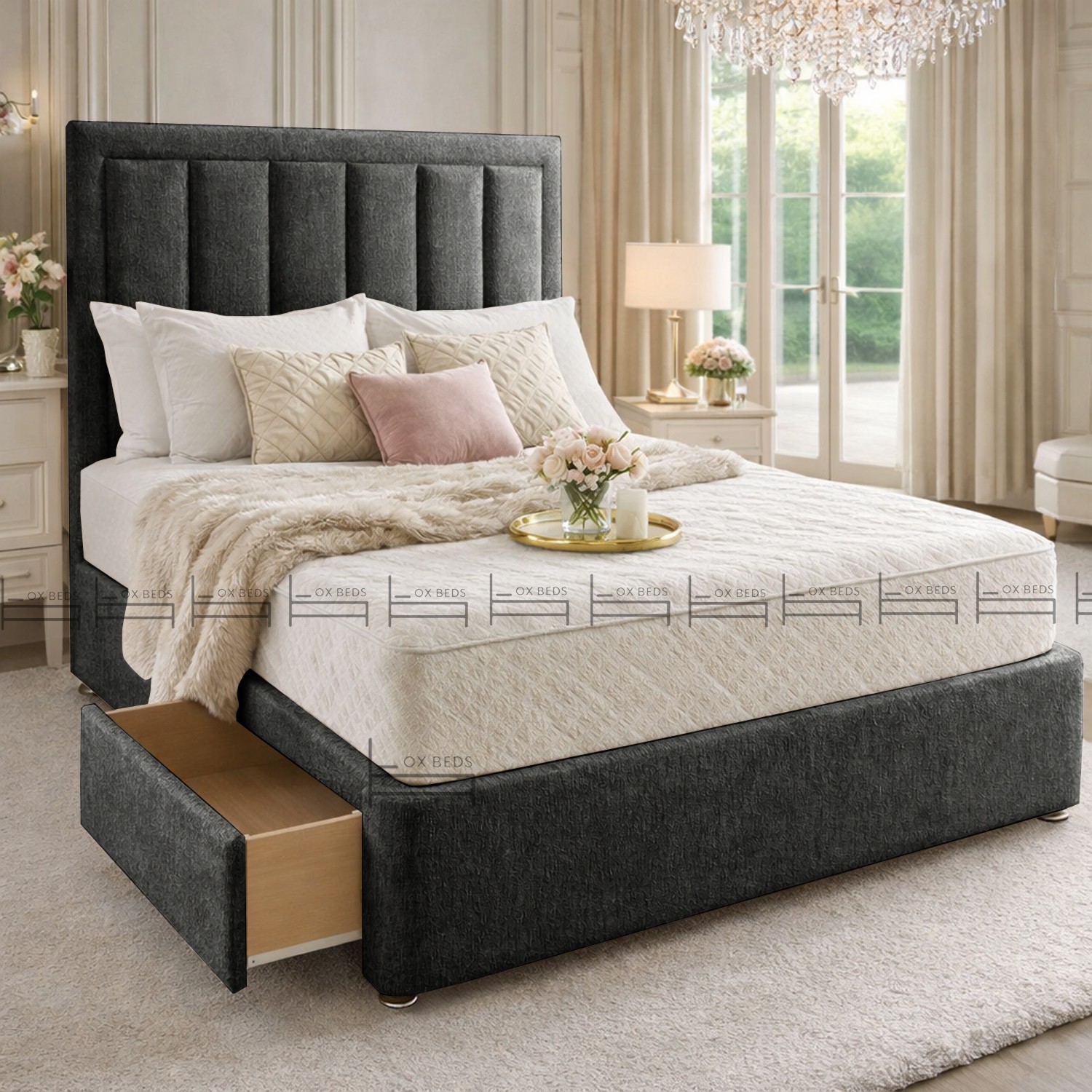 4ft6 double Divan bed base Charcoal Chenille Fabric with Storage Drawers on Same Side. (4FT6 Double Charcoal Chenille-2 Drawers) 25 Stylish Chenille Fabric Divan Base Bed With Orthopaedic Mattress + Headboard
