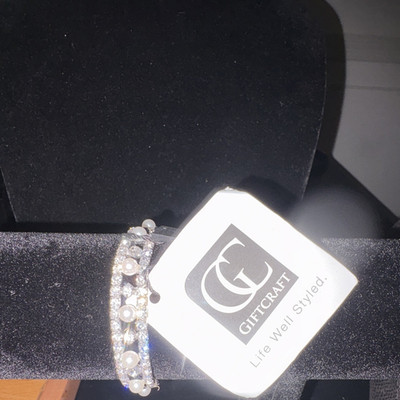 Giftcraft Silver Tone Bangle Bracelet Clear Crystal Round Stone White Pearl