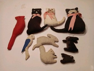Vintage Hand Made Plush Animals, Cats, Bunnys, Birds & Squirrel, Lot Of 9