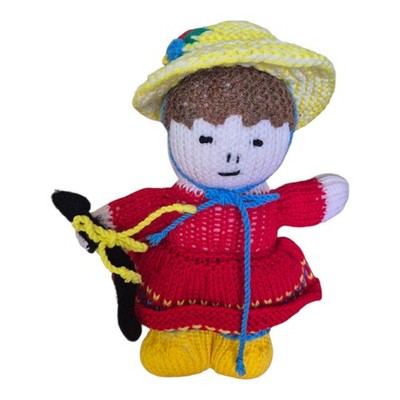 Handgestrickte Stoffpuppe Mädchen im roten Kleid 11 Zoll | Stofftier mit gelber Mütze