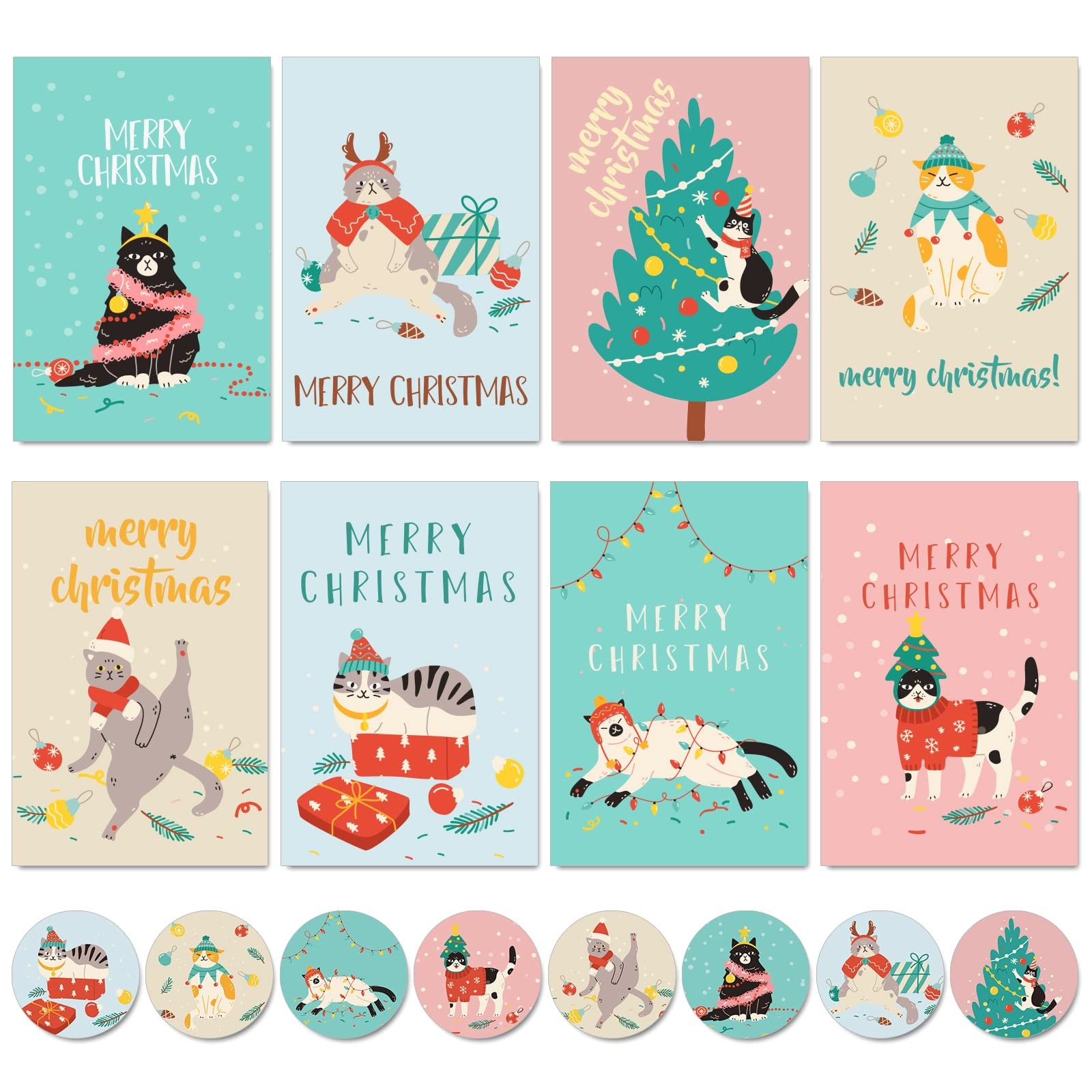32 Pack Cute Cat Christmas Greeting Cards Bulk Xmas Blank Note Cards with Envelo