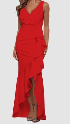 Betsy & Adam Women's Red Petite Ruffled High-Low Mermaid Gown Dress Size 8P