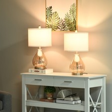 HOMCOM 2-Set Tischlampen Tischleuchten E27 Nachttischlampe Leinen Glas Bernstein