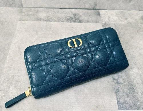 Authentique portefeuille long Christian Dior bleu vert marque logo CD type fermeture éclair ronde