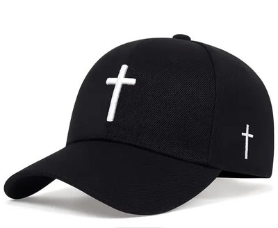 Christian Black Hat Embroidered White Cross, Adjustable Back￼