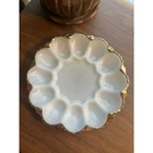 VTG Anchor Hocking Milk Glass Deviled Egg Plate with Gold Trim