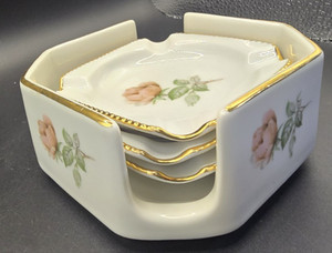 VTG Johann Haviland Square Ash Tray Caddy&3 Trays Tan Rose with 24 kt. Gold Trim