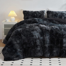 Faux Fur Plush Black Comforter Set Fluffy Fuzzy Shaggy Bedding Set - 3PC King Si