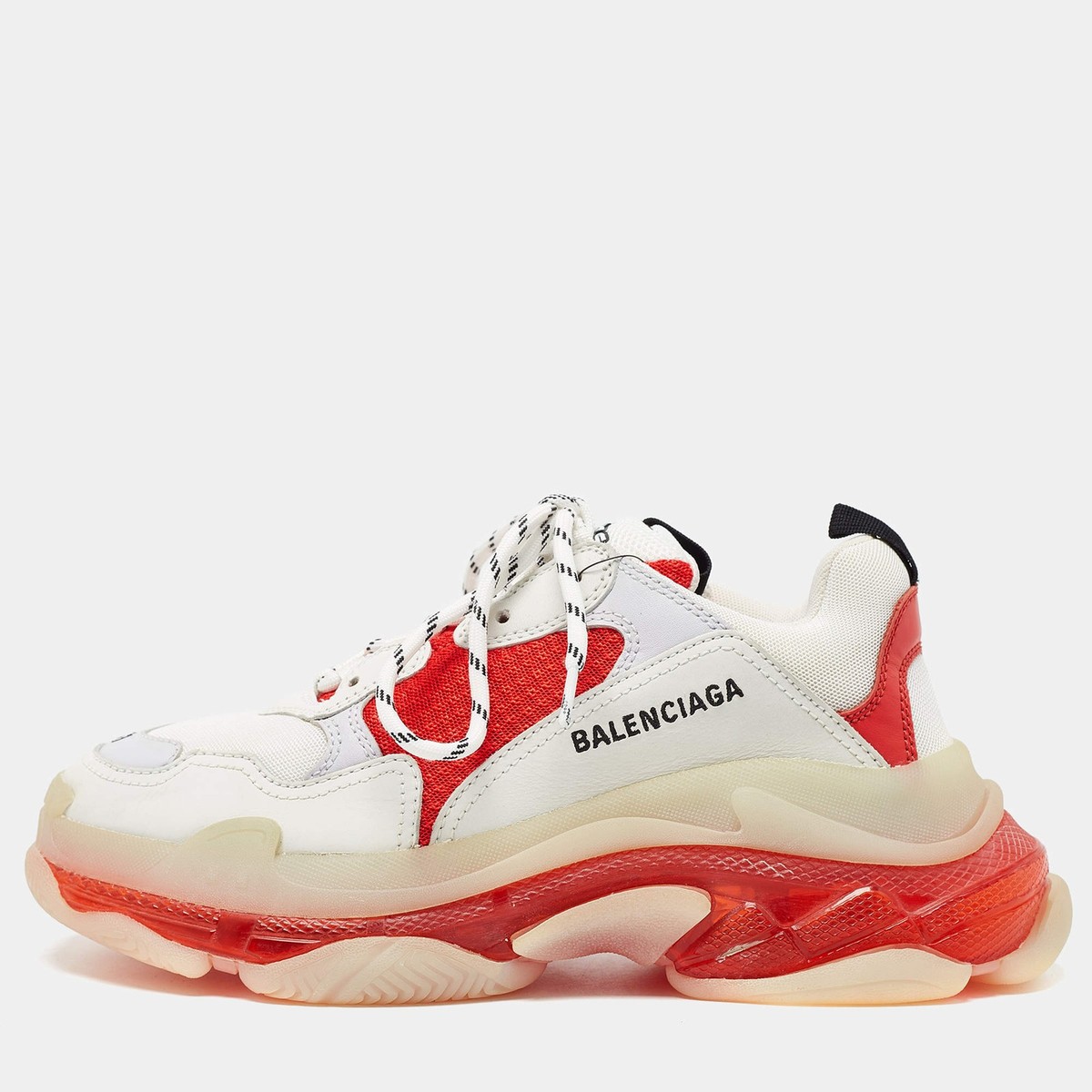Balenciaga WhiteRed Leather and Mesh Triple S Clear Sole Sneakers