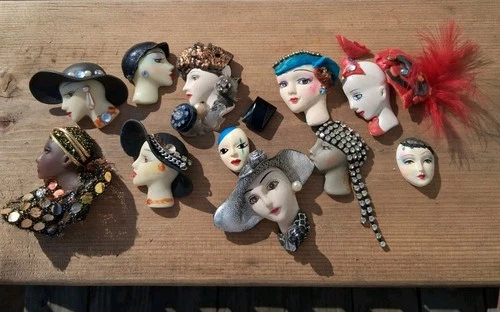 Vtg Art Deco Style Lady Head Brooches Lot 11pc Costume Jewelry Lot For Repair