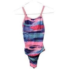 Dolfin Uglies One Piece Training Swimsuit Girls Size 14 Pink Blue Tropical
