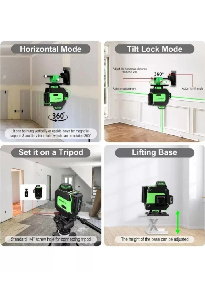 KERATETY Laser Level 4Linesx360° Self-Leveling Tool, 4D, Switchable & Auto16 NEW