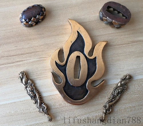 Gold copper dragon Moon octopus fireTsuba and Fuchi Menuki For Japanese sword - Picture 15 of 18