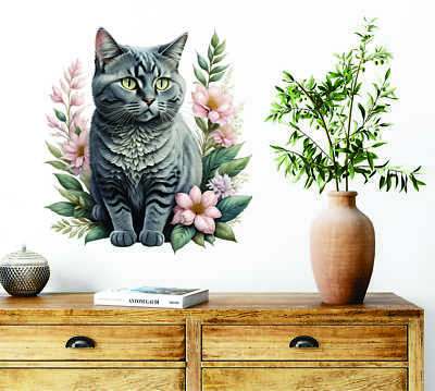 Blumen Katze grau Wandbild Aufkleber Sticker Vinyl Decal SR382