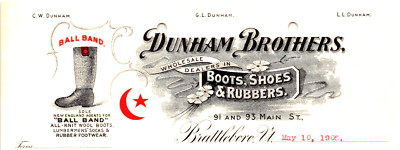 1905 DUNHAM BROTHERS WHOLESAEL SHOES BOOTS RUBBERS BILLHEAD BRATTLEBORO VT  