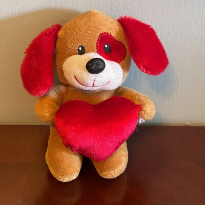Valentine Brown Red White Puppy Dog 6'' Heart Eye Patch Plush White Snout